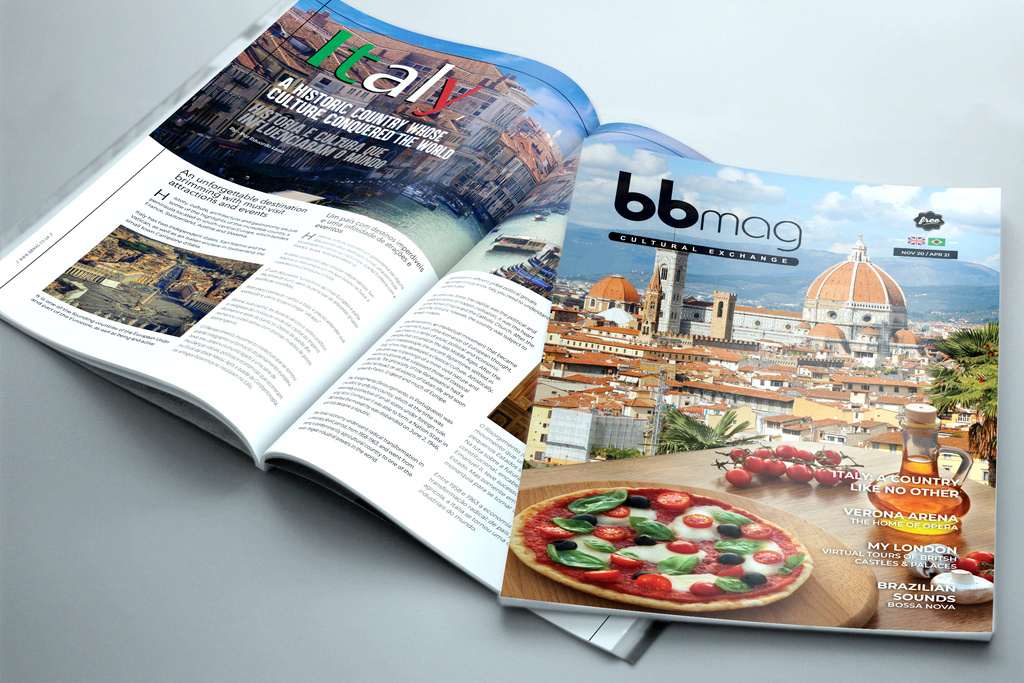 An open copy of BBMag magazine showing a travel feature across two pages.